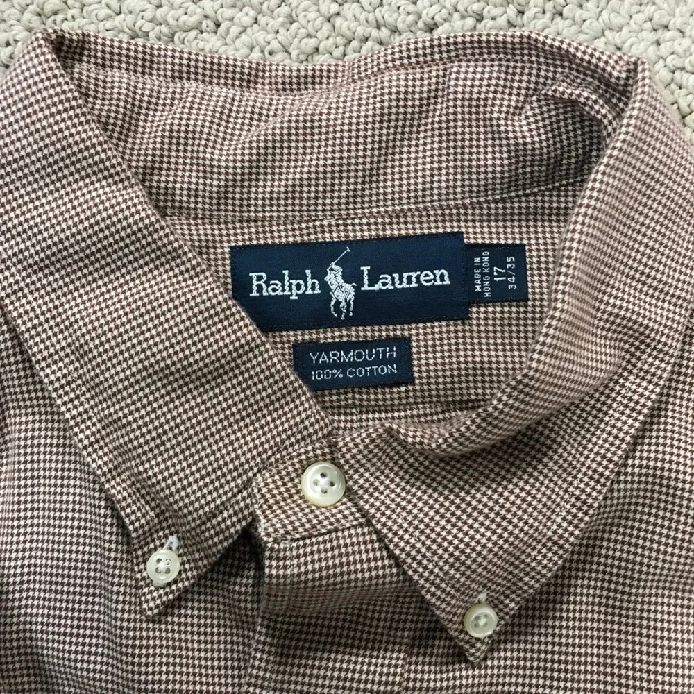 Ralph Lauren Yarmouth Mens 17 34/35 Brown Micro Houndstooth Cotton Button Shirt